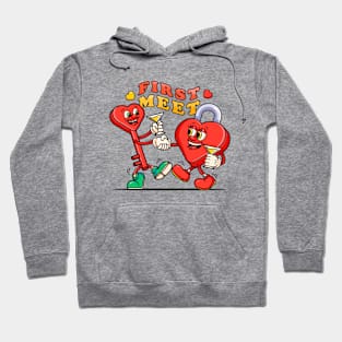 First met on Valentine's Day, cute cartoon mascot couple lock and key Hoodie